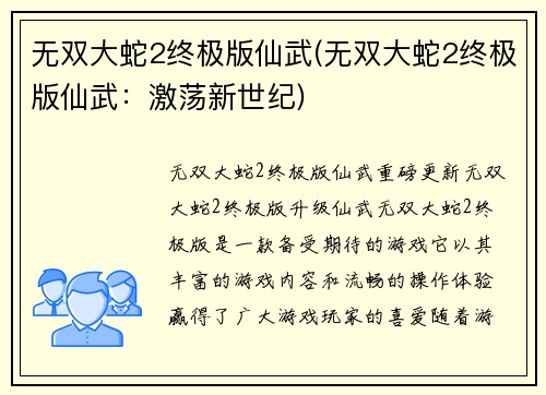 无双大蛇2终极版仙武(无双大蛇2终极版仙武：激荡新世纪)