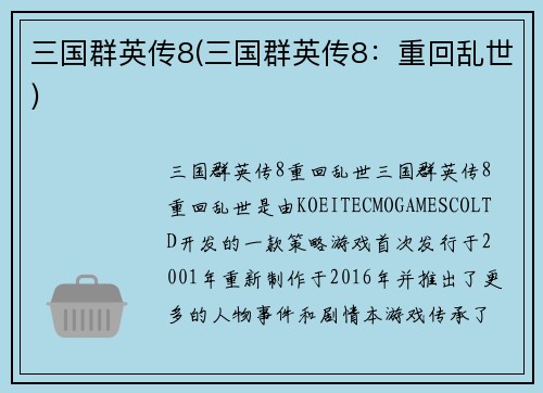 三国群英传8(三国群英传8：重回乱世)