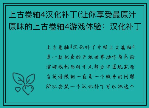 上古卷轴4汉化补丁(让你享受最原汁原味的上古卷轴4游戏体验：汉化补丁全指南)